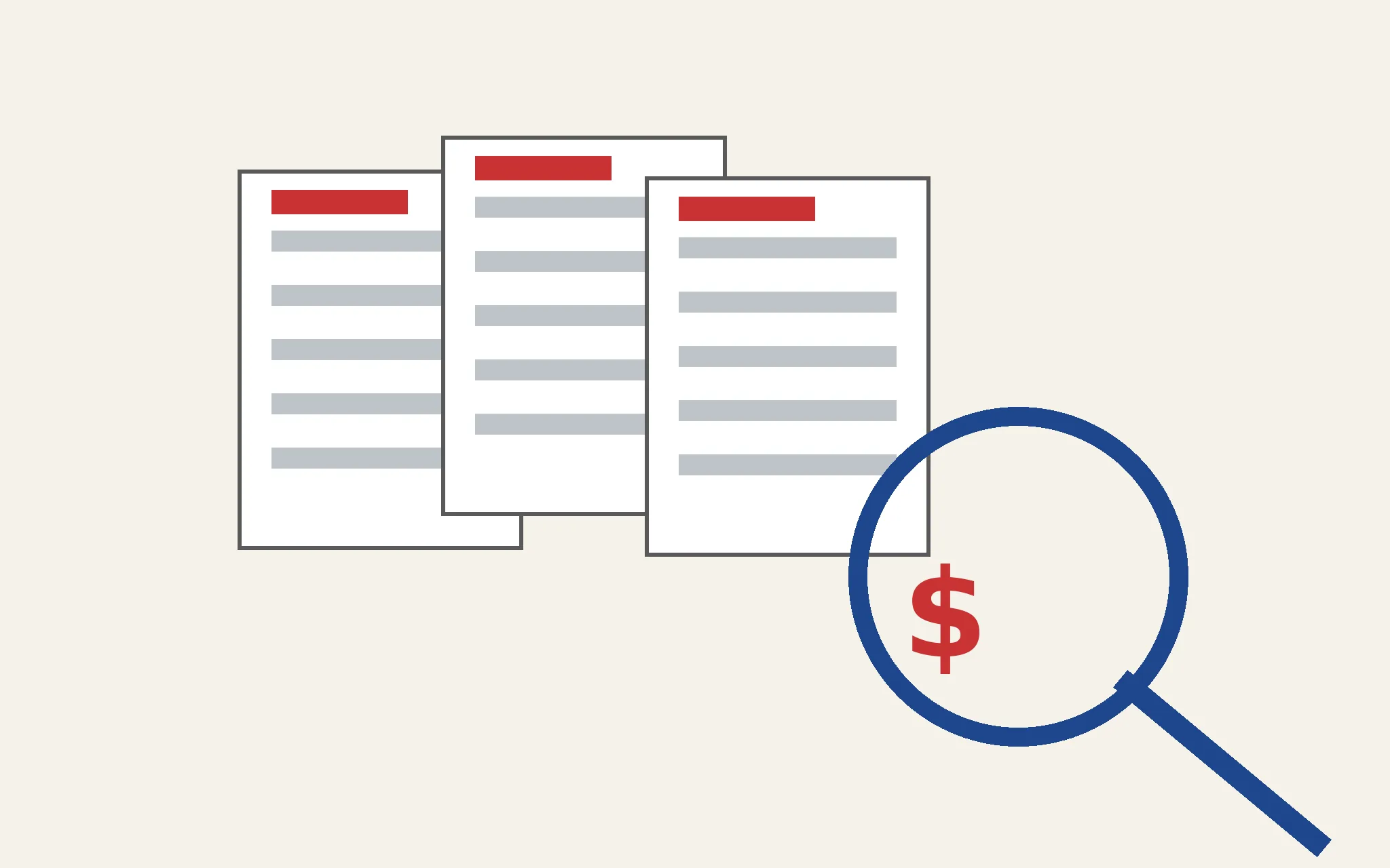 Illustration of case documents examined under a magnifying glass