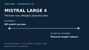 Zark News illustration showing Mistral Large 4 API preview on October 6 and a planned weight release by the end of October.