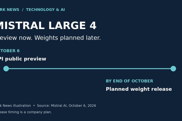 Zark News illustration showing Mistral Large 4 API preview on October 6 and a planned weight release by the end of October.