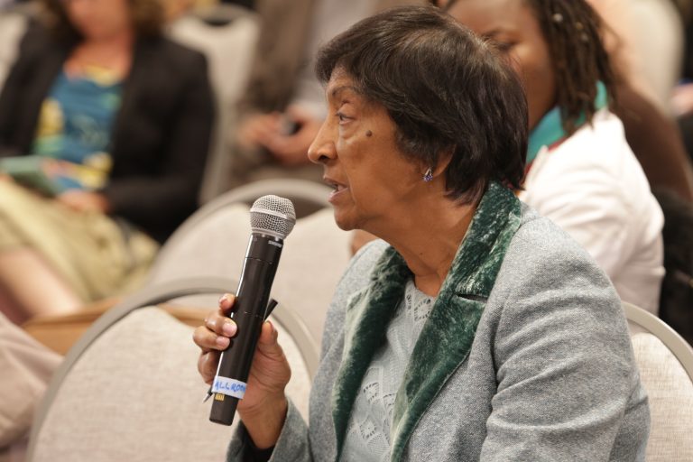 Navi Pillay speaking at an international justice event in 2018.