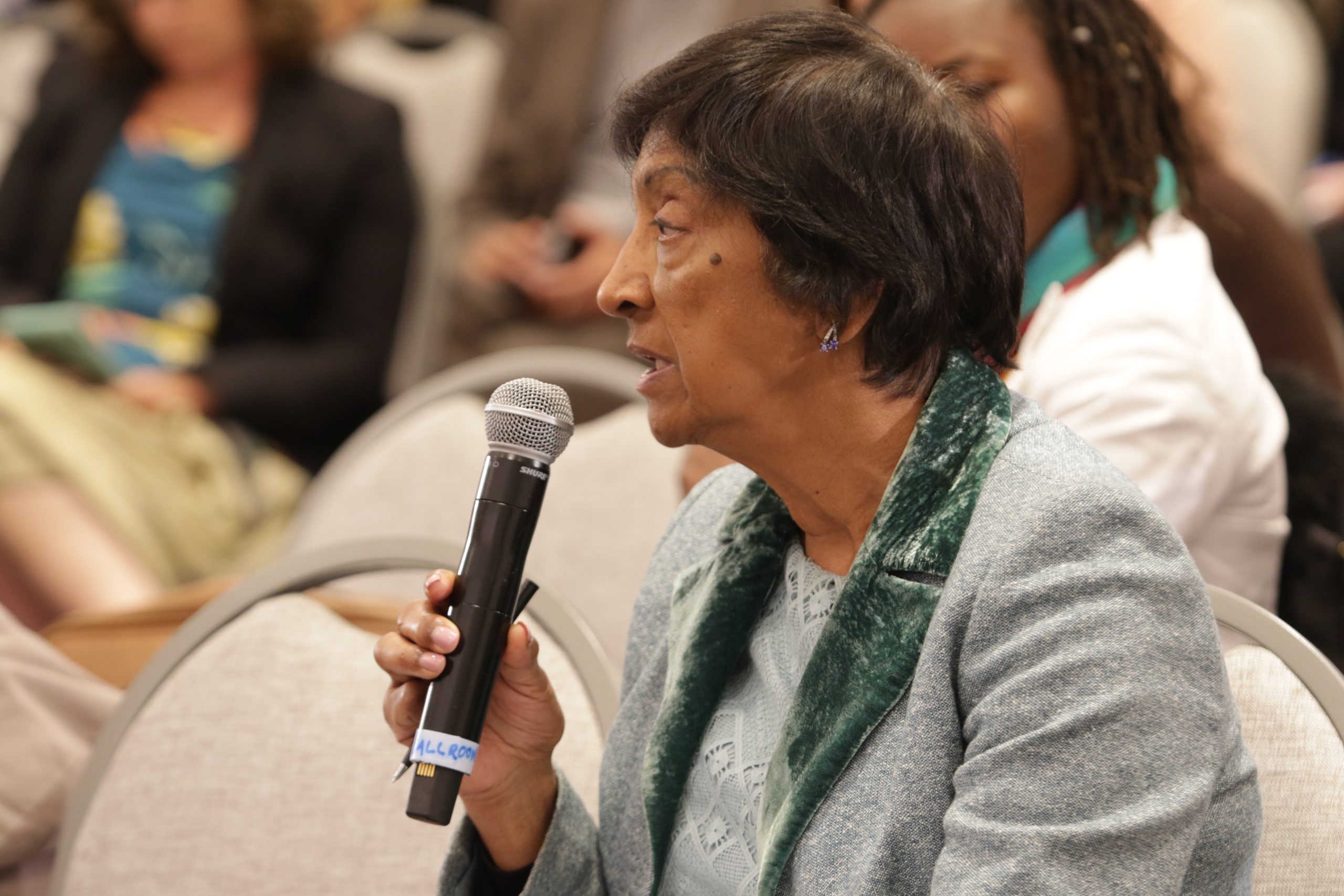 Navi Pillay speaking at an international justice event in 2018.