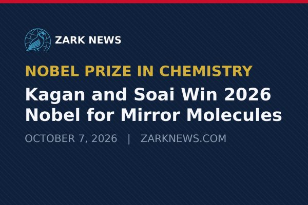 Henri Kagan and Kenso Soai win 2026 Nobel Prize in Chemistry — Zark News graphic