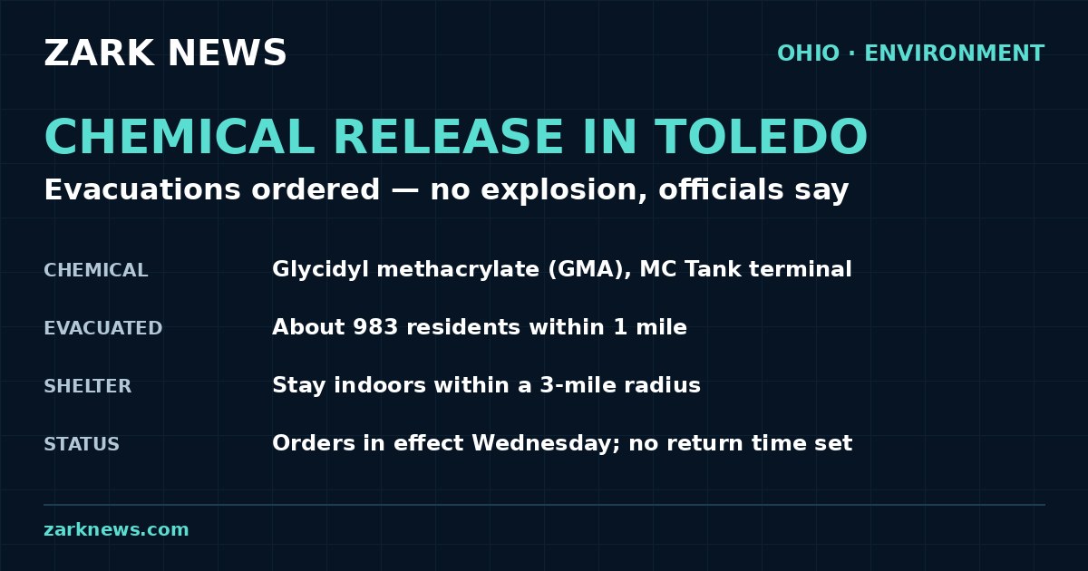 Zark News graphic: chemical release in Toledo — glycidyl methacrylate from the MC Tank terminal; about 983 residents evacuated within one mile; shelter in place within three miles; orders in effect Wednesday.