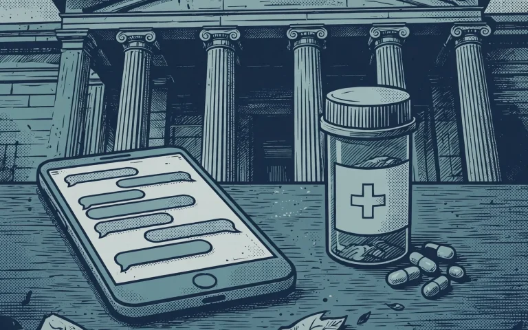 AI-generated illustration of a smartphone with chat bubbles beside a medicine bottle in front of courthouse columns.