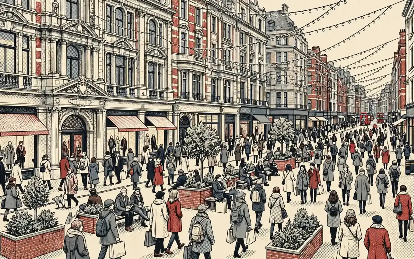 AI-generated illustration of a crowded pedestrianised Oxford Street in London, with shoppers, planters, benches and festive lights.