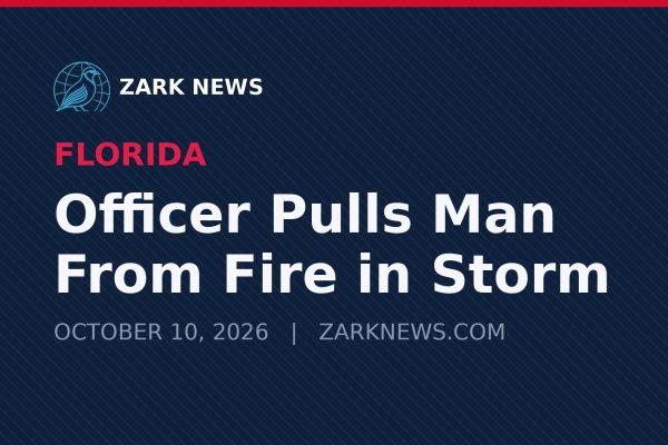 Zark News illustration: Pensacola officer rescues a man from a fire during Hurricane Isaias