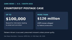 Zark News illustration comparing the reward of up to $100,000 with more than $126 million in alleged USPS losses; Faheem Akram is presumed innocent unless proven guilty.