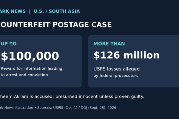 Zark News illustration comparing the reward of up to $100,000 with more than $126 million in alleged USPS losses; Faheem Akram is presumed innocent unless proven guilty.