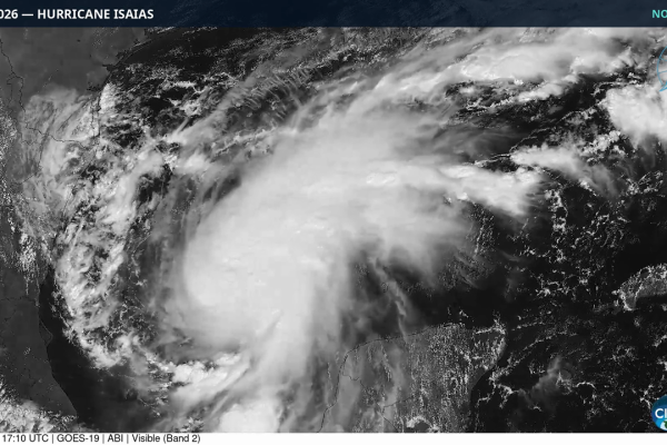 GOES-19 satellite imagery of Hurricane Isaias in the Gulf, Oct 7, 2026. Satellite: NOAA / CIRA (public domain).
