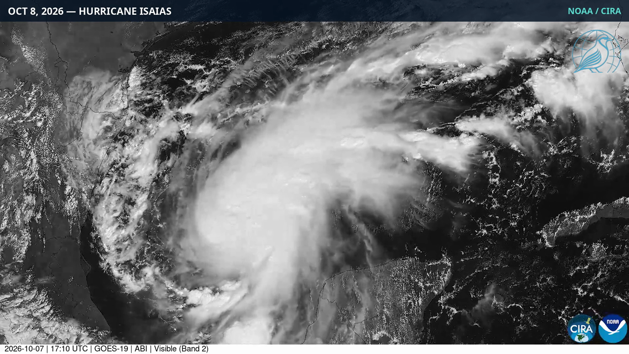 GOES-19 satellite imagery of Hurricane Isaias in the Gulf, Oct 7, 2026. Satellite: NOAA / CIRA (public domain).