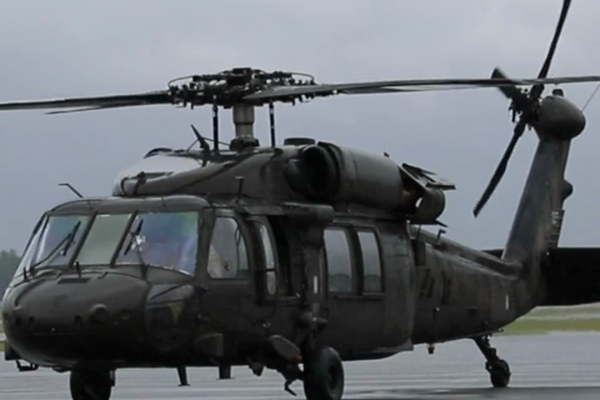 Florida National Guard Black Hawk helicopter staged at Tallahassee airport ahead of Hurricane Isaias