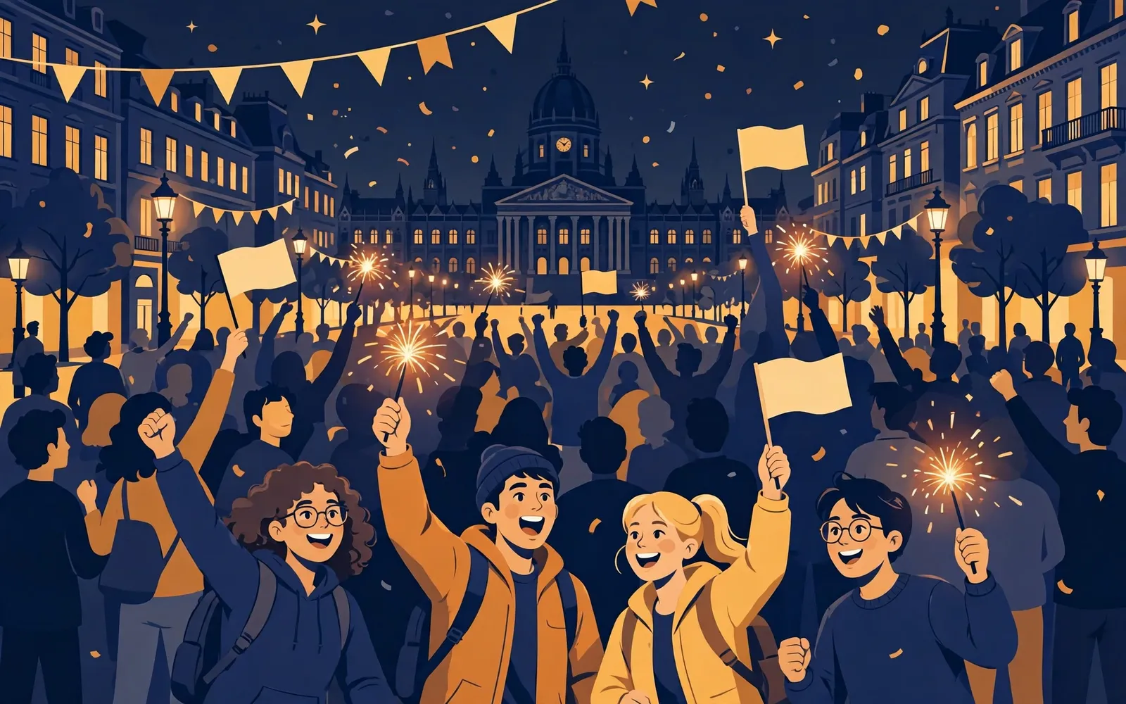 Illustration of a celebrating crowd with flags and sparklers in front of a parliament building at night