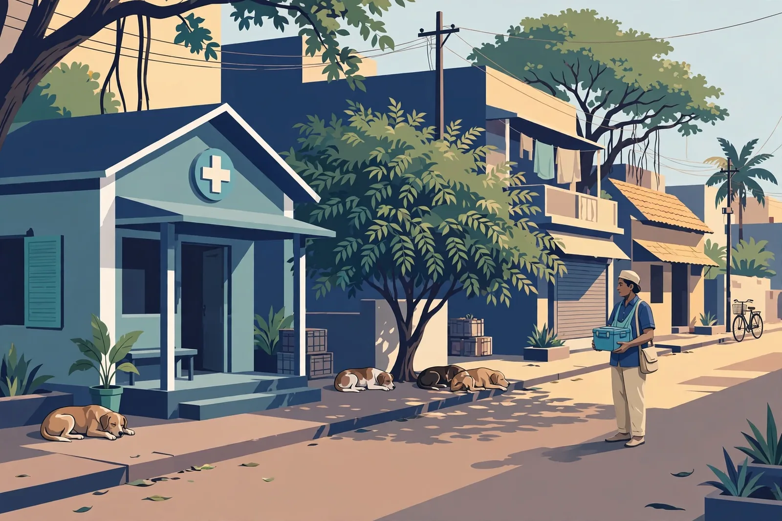 Illustration of a street clinic in Sindh with stray dogs resting nearby and a health worker carrying a vaccine cold box