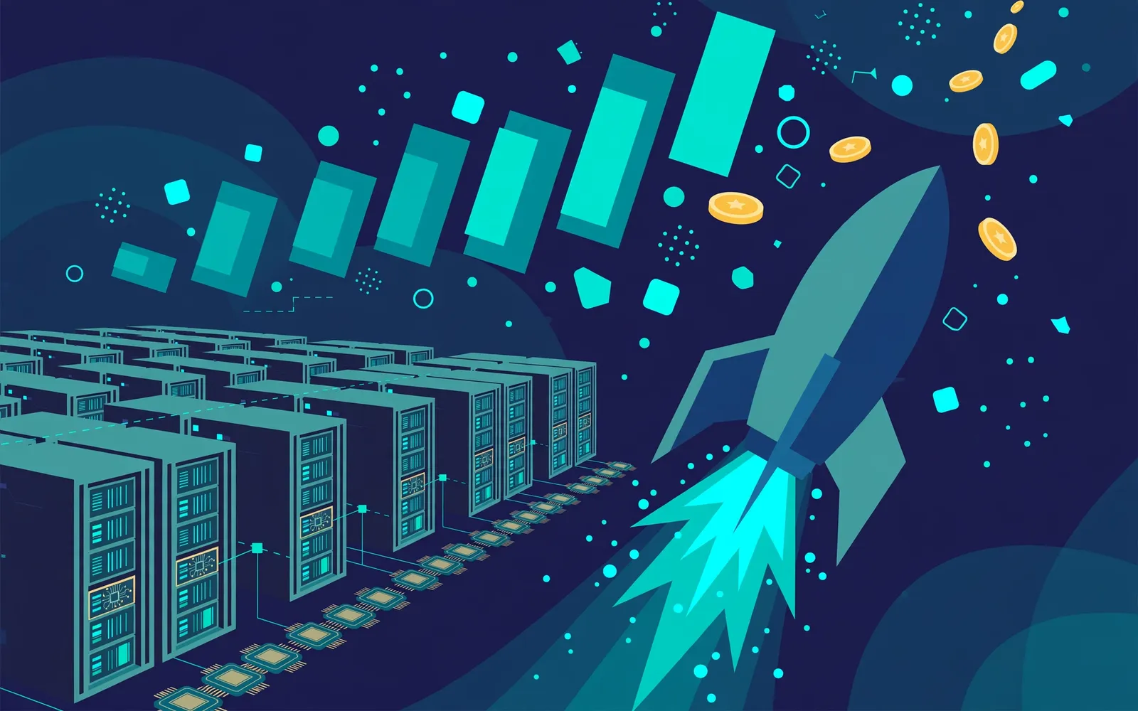 Illustration of a rocket launching beside AI data centre server racks and computer chips