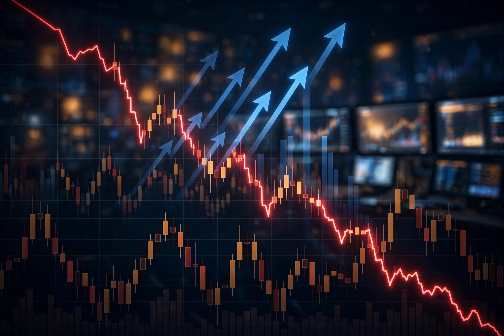 AI-generated illustration of a plunging red stock-market line and rising blue arrows over trading charts.