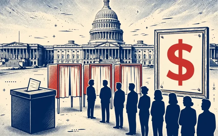 AI-generated illustration of voters queuing at voting booths in front of the U.S. Capitol, beside a poster bearing a large dollar sign.