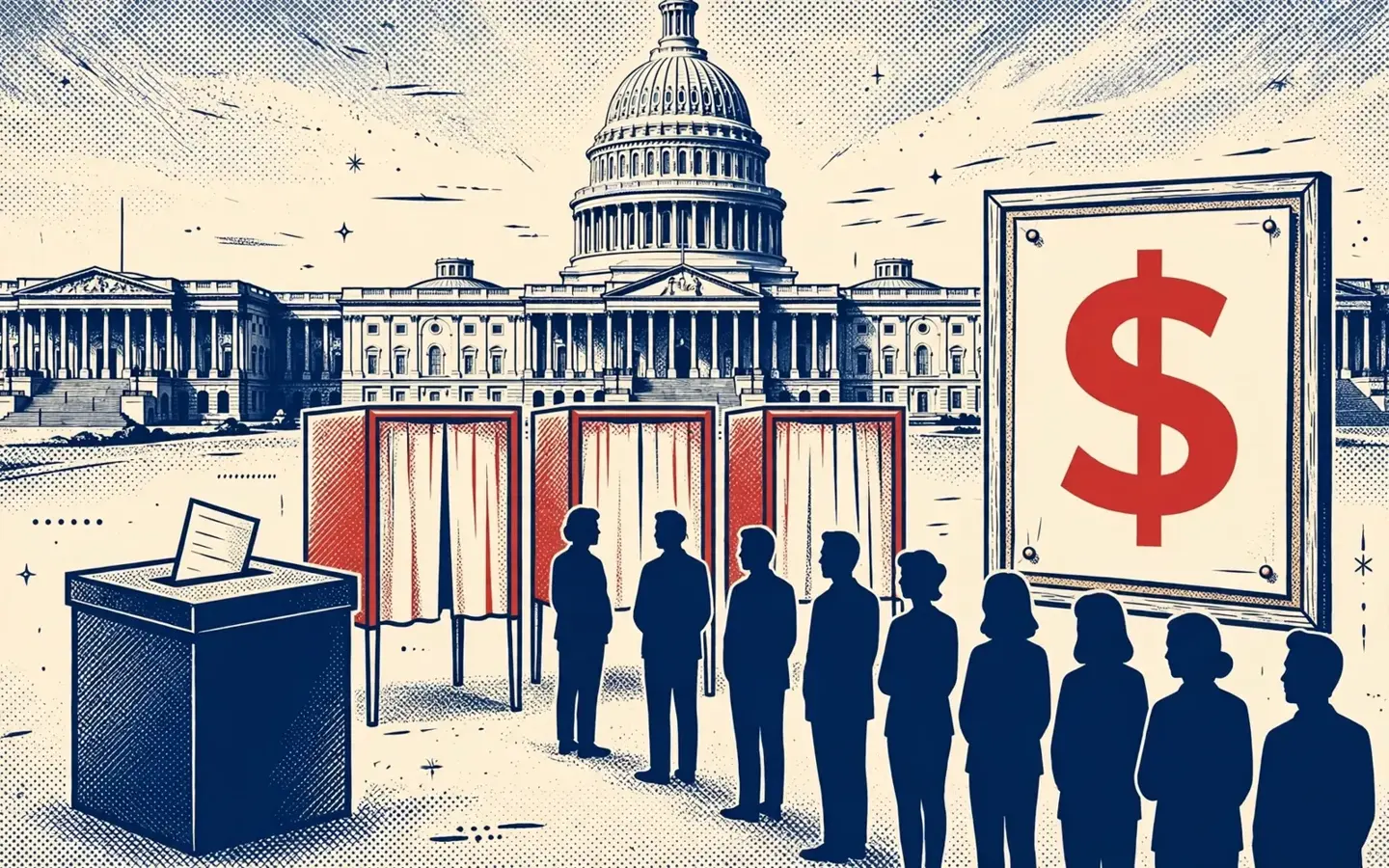 AI-generated illustration of voters queuing at voting booths in front of the U.S. Capitol, beside a poster bearing a large dollar sign.