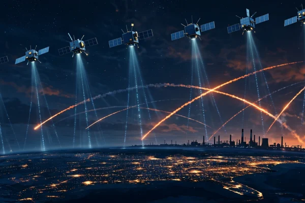 AI-generated illustration of satellites beaming signals to Earth at night while missile contrails cross the sky over a power plant.