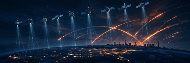 AI-generated illustration of satellites beaming signals to Earth at night while missile contrails cross the sky over a power plant.