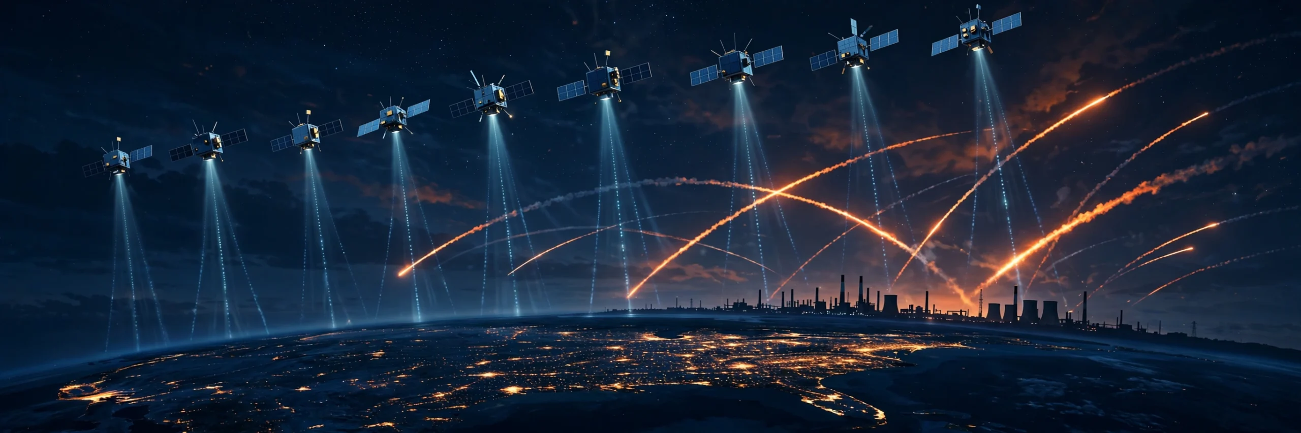 AI-generated illustration of satellites beaming signals to Earth at night while missile contrails cross the sky over a power plant.