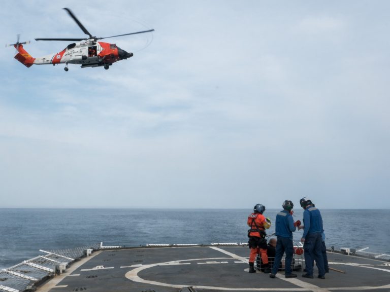 U.S. Coast Guard helicopter over the Atlantic Ocean during search and rescue operations (file photo)