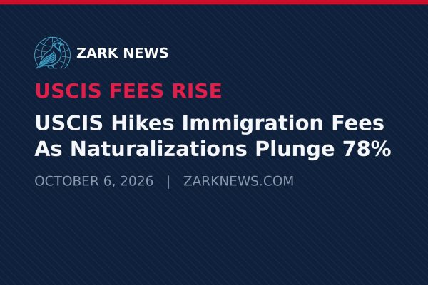 Zark News graphic: USCIS hikes immigration fees as naturalizations plunge 78%