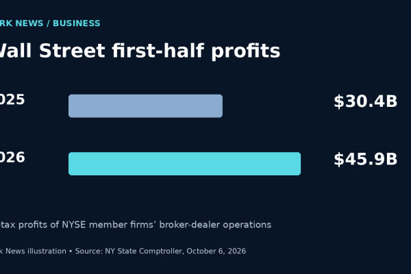 Zark News illustration: Wall Street pretax profits rose from $30.4 billion in the first half of 2025 to $45.9 billion in the first half of 2026.