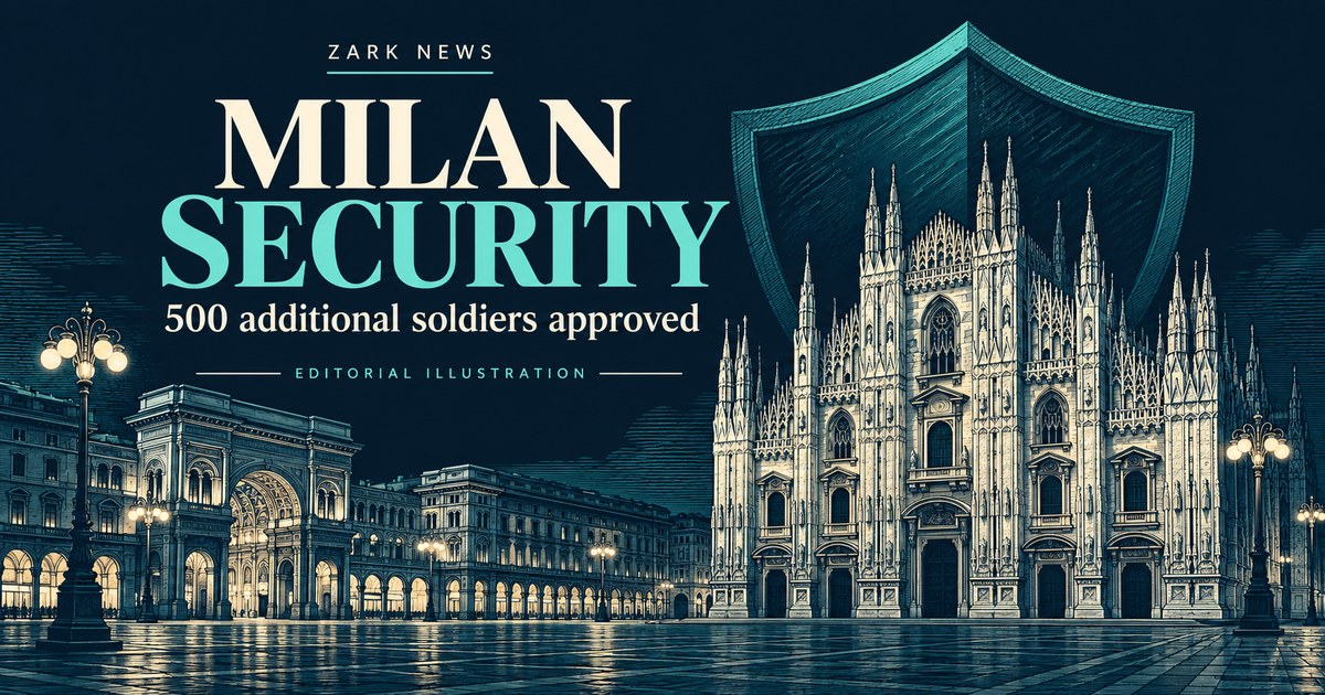 Zark News editorial illustration of Milan cathedral and a shield, labeled 500 additional soldiers approved.