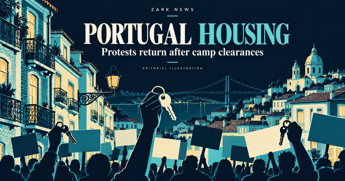 Zark News editorial illustration of Lisbon housing, keys and protest placards, labeled Portugal Housing.